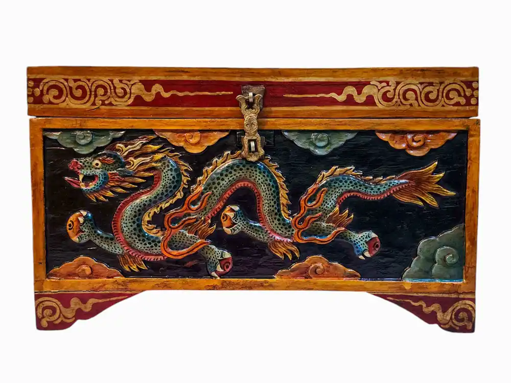 Coffre en bois à motif de dragon tibétain avec support