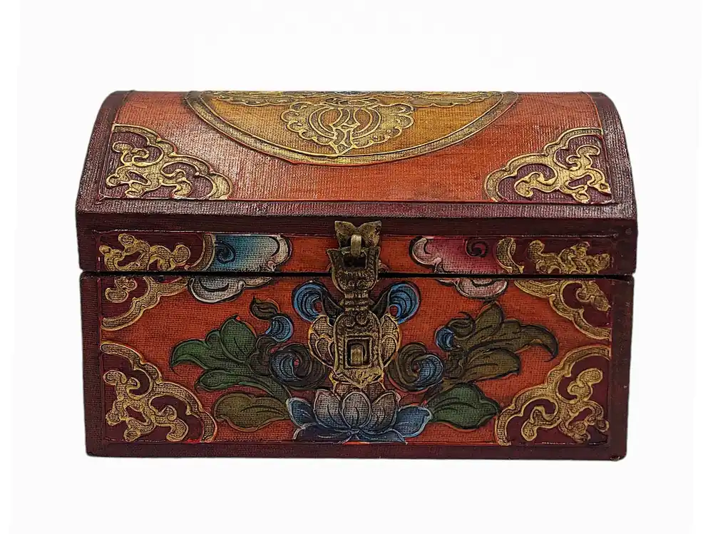 Coffre en bois tibétain avec motif de Kalas