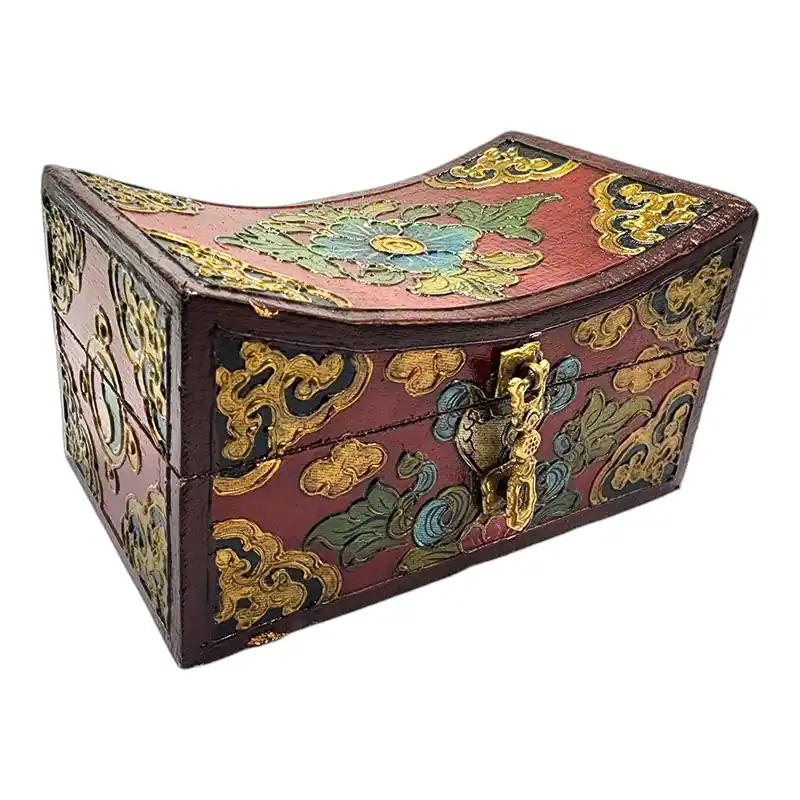 Boîte en bois tibétaine pour trésors