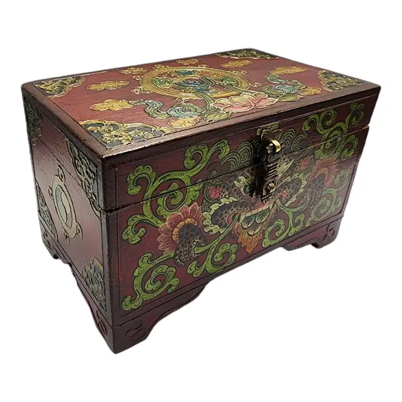 Boîte au trésor tibétaine en bois du Népal