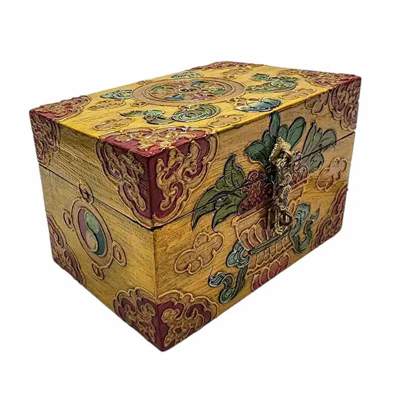 Coffre à trésor traditionnel en bois tibétain
