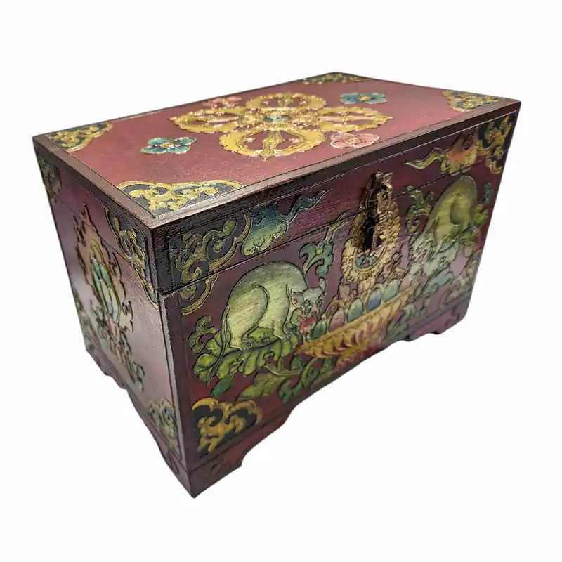 Coffre en bois de style tibétain, fabriqué au Népal