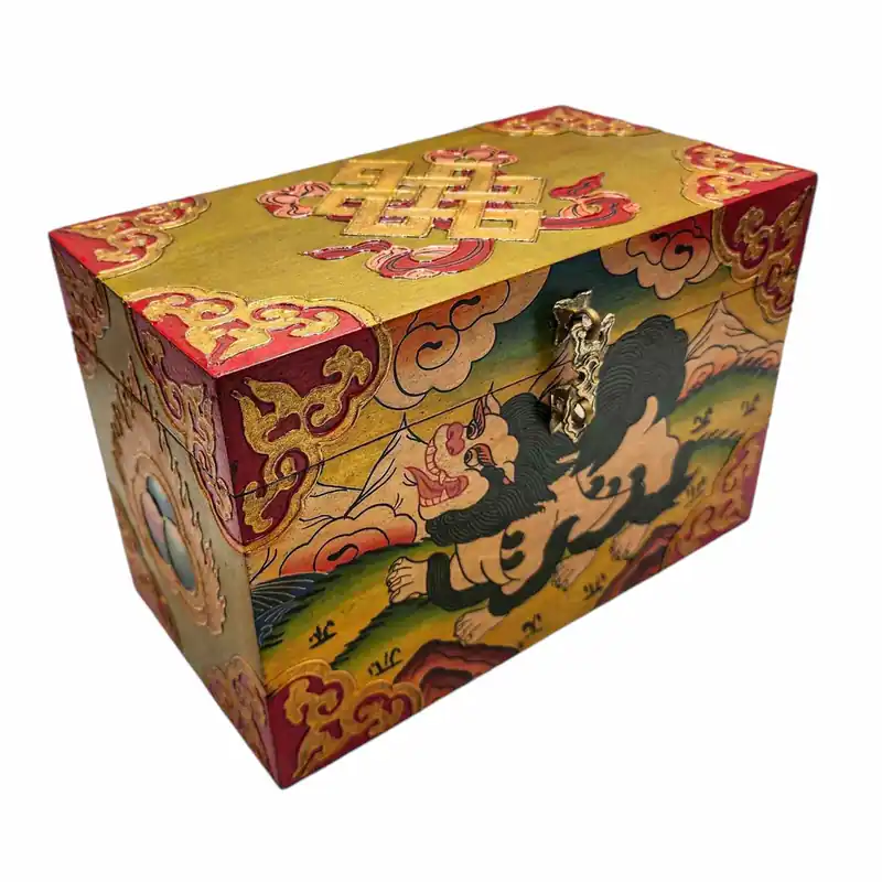 Coffre tibétain avec design de lion de temple vert