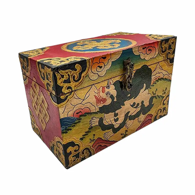 Boîte tibétaine avec un design de lion des neiges en rouge