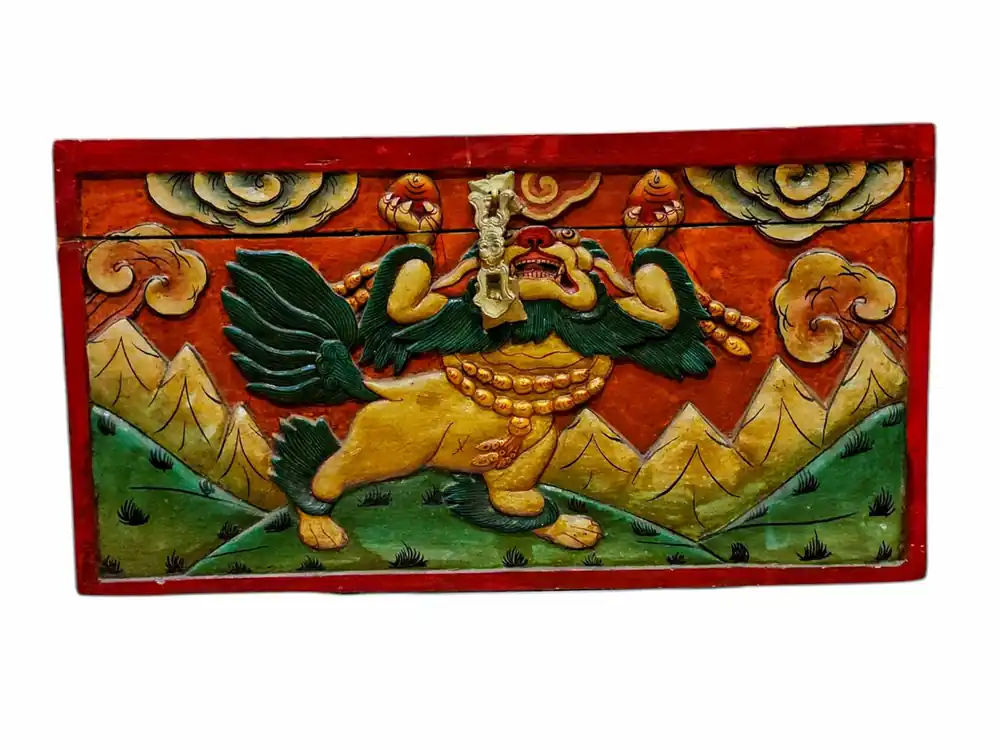 Coffre au Trésor Tibétain avec Sculptures de Lions