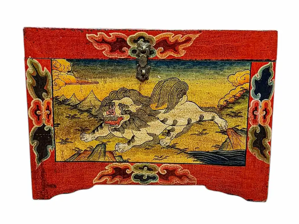 Coffre à trésor en bois représentant un design de lion du Tibet