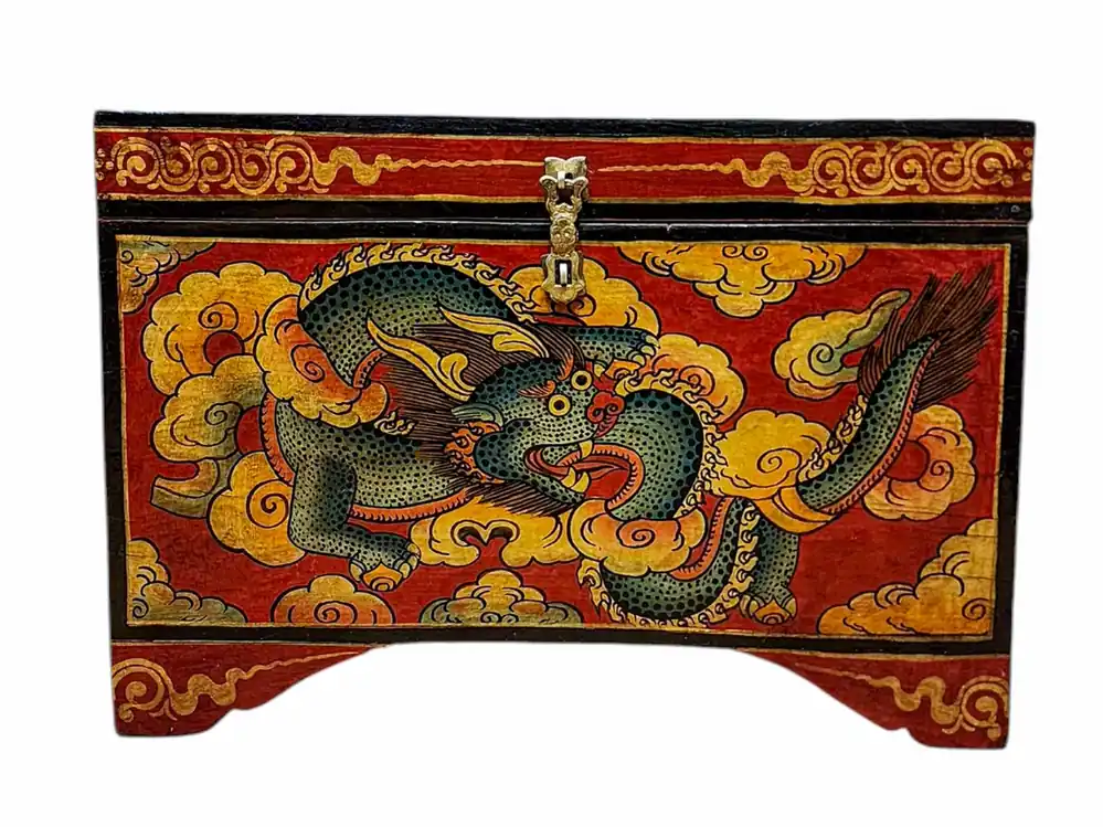 Boîte au trésor tibétaine en forme de dragon avec support