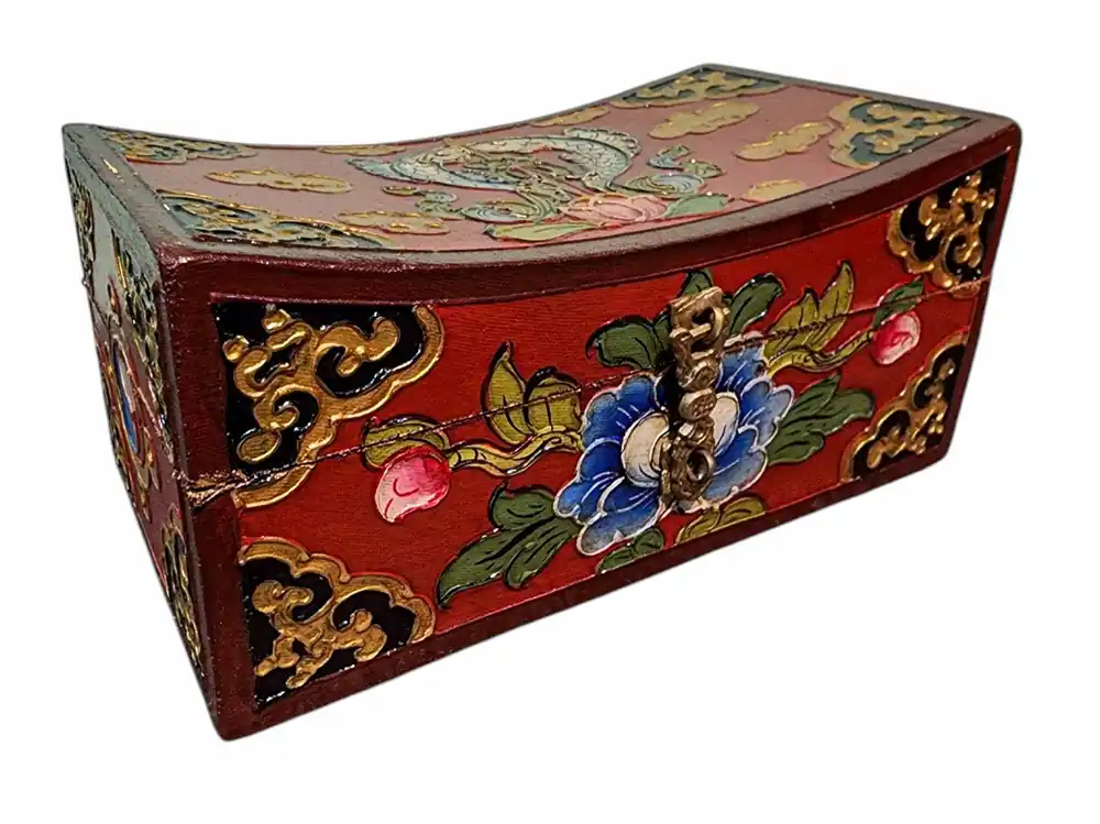 Boîte au trésor en bois tibétain classique aux couleurs traditionnelles, fabriquée au Népal