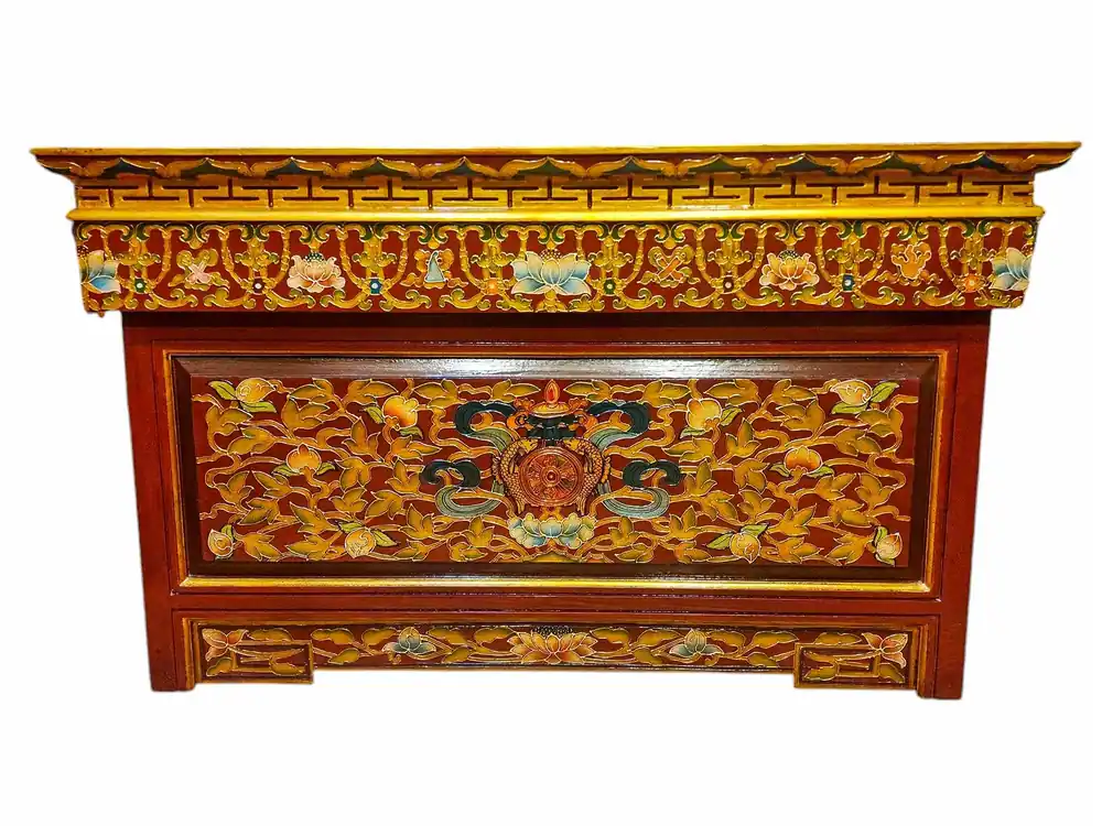 Table de méditation tibétaine avec un motif de poisson et de fleur
