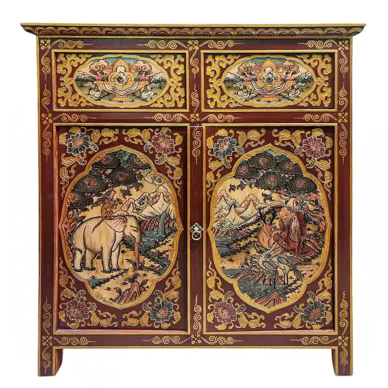 Cabinet en bois tibétain à deux portes et tiroirs
