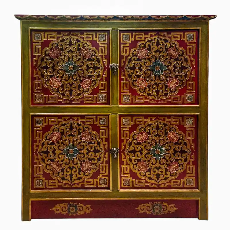 Cabinet en bois tibétain avec quatre portes fleuries