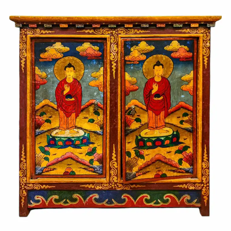 Cabinet tibétain en bois peint avec Bouddha