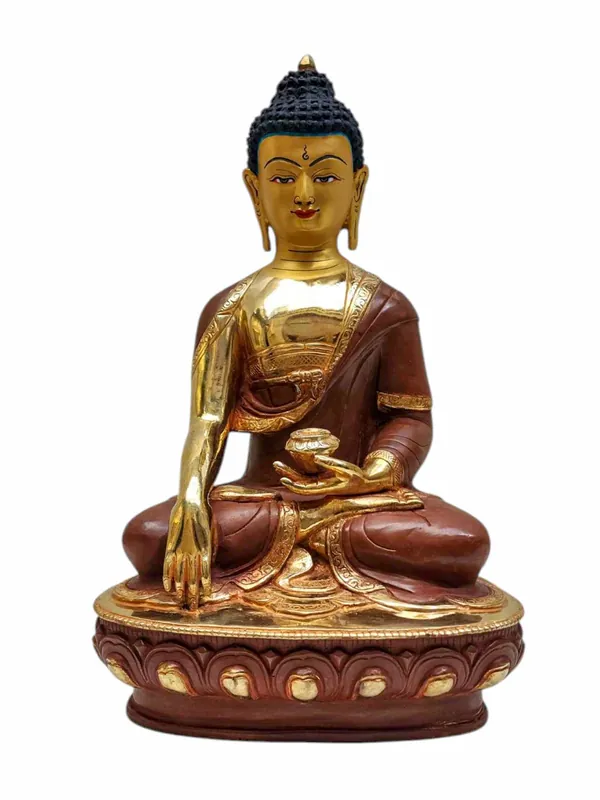 Statue en cuivre de Shakyamuni Bouddha – Partiellement dorée, Être Éclairé avec le visage peint