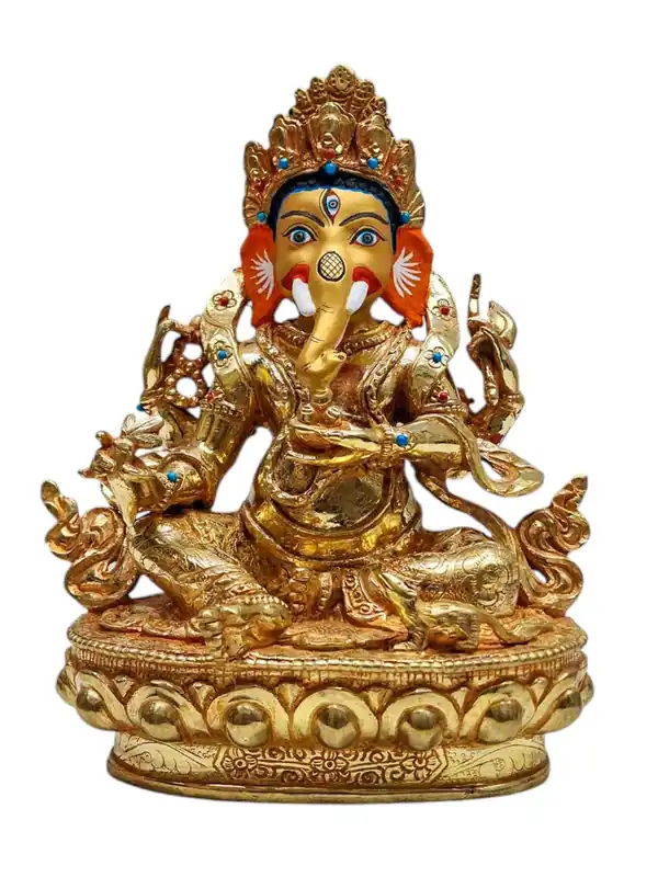 Statue de Ganesh en cuivre – Dorée à l’or, artisanale, Sage et Éliminateur d’Obstacles