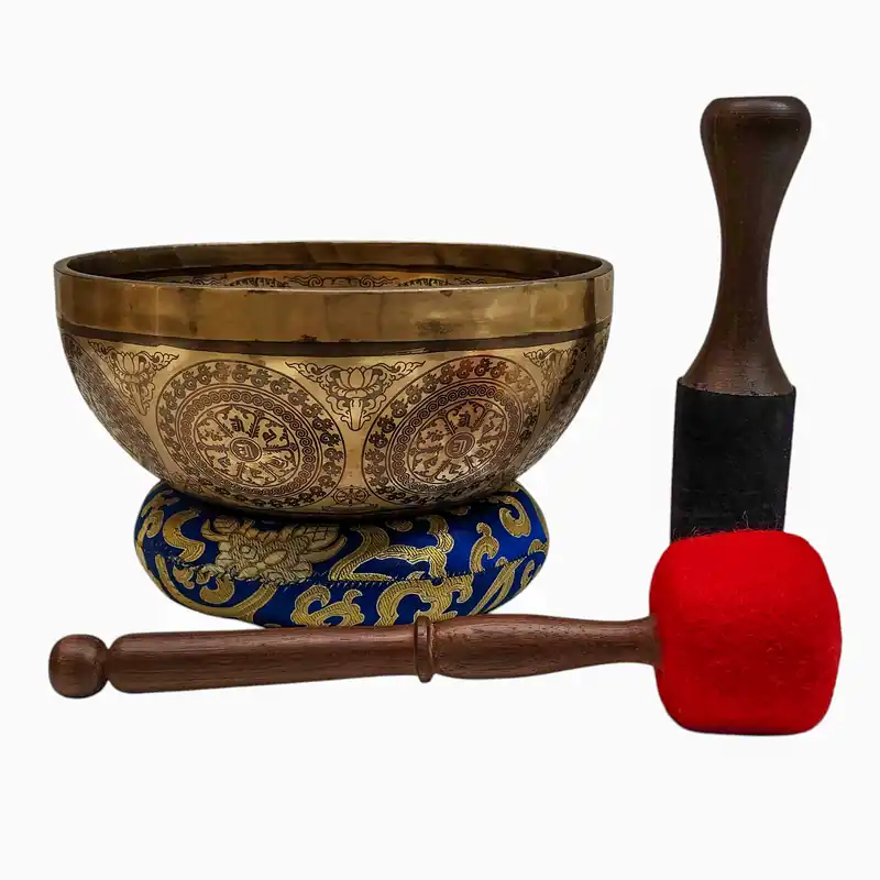 Sept bols chantants en bronze avec le motif de Tara Blanche