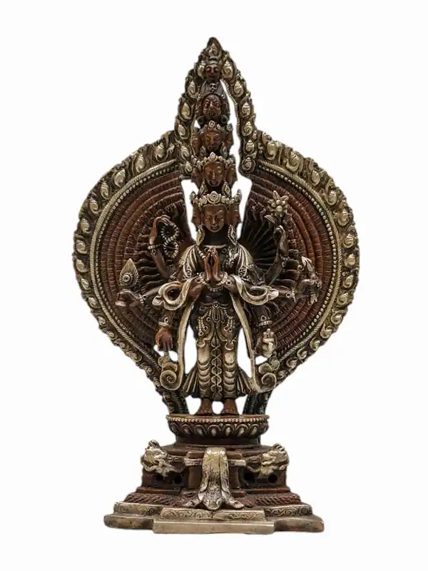 Statue miniature en cuivre d’Avalokiteshvara Sahasrabhuja – Émanation de la compassion et de la sagesse