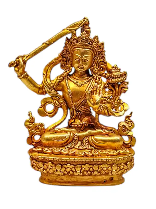Statue Miniature de Manjushri Plaquée Or – Symbole de Sagesse et d’Intuition
