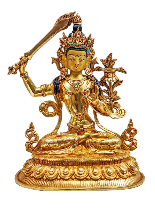 Statue de Manjushri en plaqué or – Éveil par la sagesse perspicace