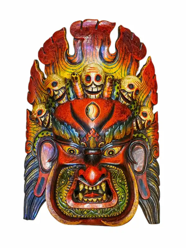 Masque de Bhairav de Feu en Bois de Peuplier Peint