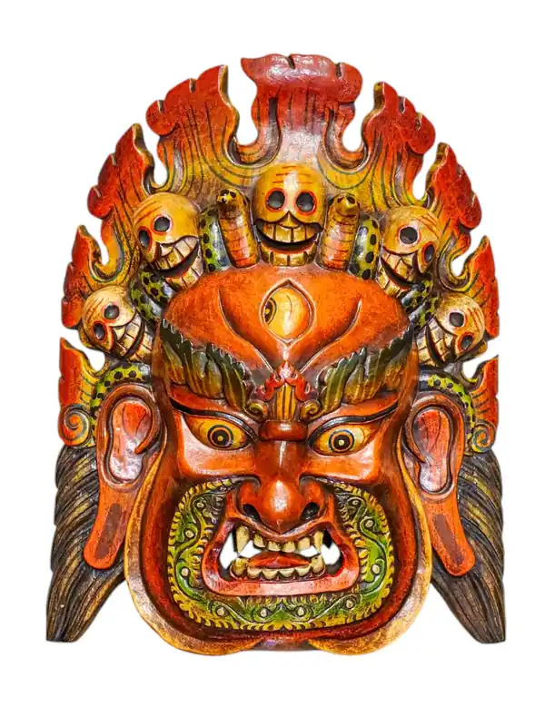 Masque en bois de Bhairav en feu, panneau mural