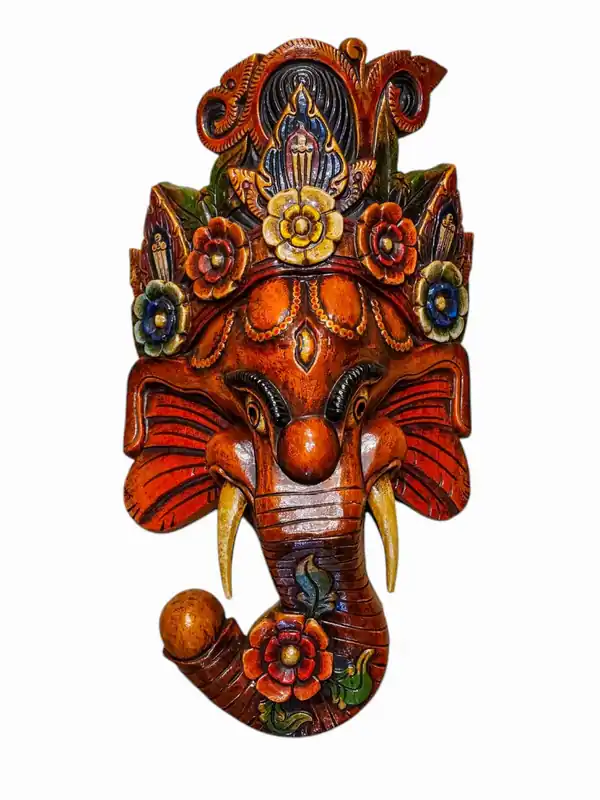 Masque mural en bois de Ganesh en peuplier