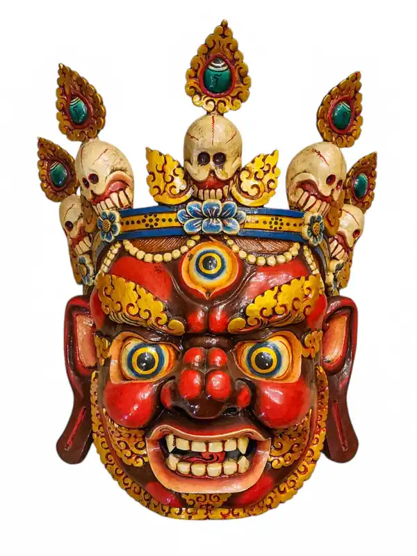 Masque en bois de Bhairav suspendu au mur en bois de peuplier