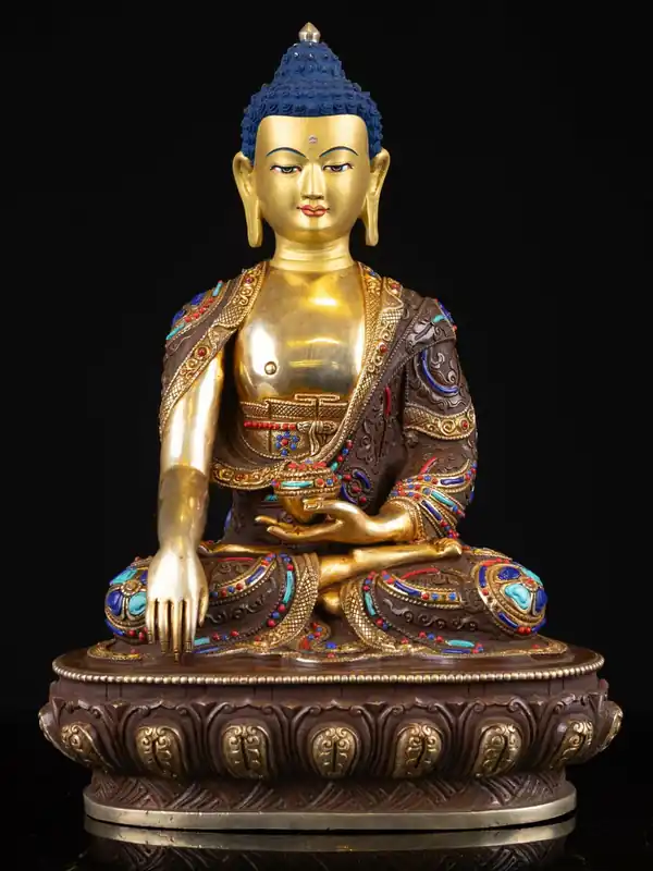 Statue en cuivre de Shakyamuni Bouddha avec finition plaquée or