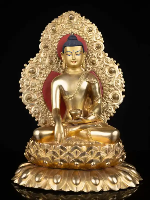 Statue en cuivre de Bouddha Shakyamuni avec visage en or