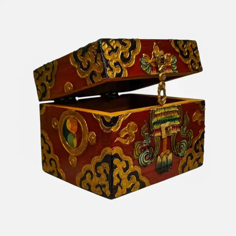 Coffre à trésor en bois tibétain aux couleurs traditionnelles