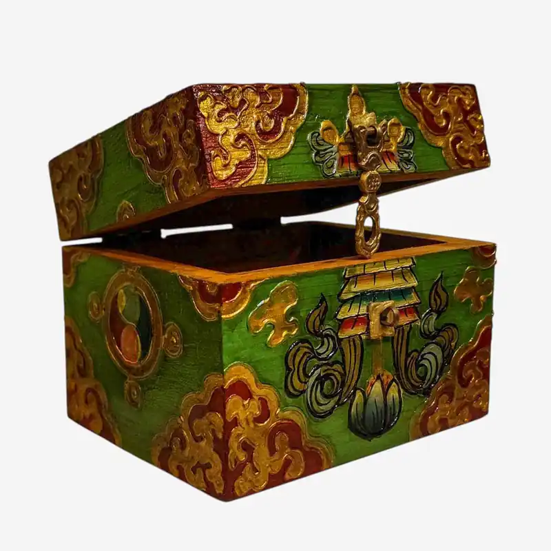 Coffre au trésor tibétain en couleurs traditionnelles
