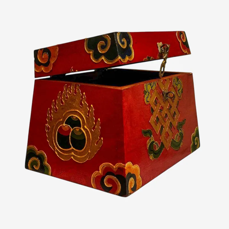 Coffre tibétain en bois aux couleurs traditionnelles