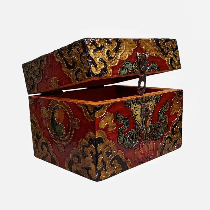 Coffre au trésor en bois traditionnel du Tibet aux couleurs classiques
