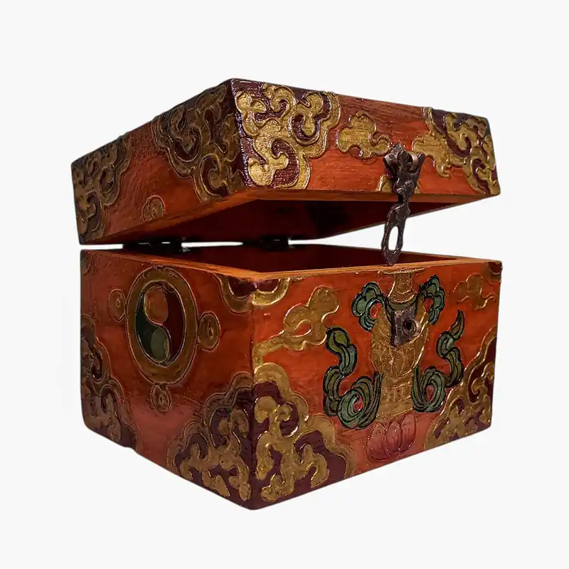 Coffre à trésor tibétain en bois aux couleurs traditionnelles