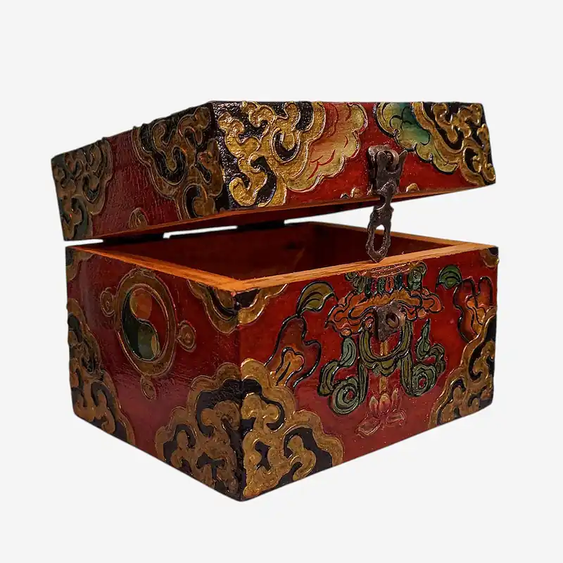 Coffre au trésor tibétain en bois coloré traditionnel