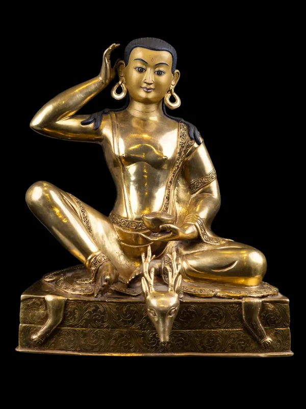 Statue en cuivre de Milarepa – Visage plaqué or, peinture élaborée, symbole de l’Éveil