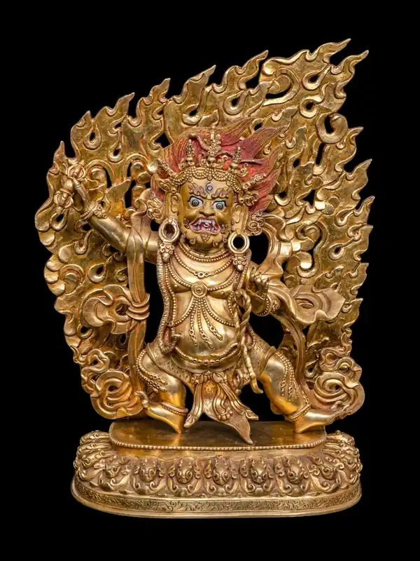 Statue en cuivre de Vajrapani avec un visage plaqué or – Symbole de pouvoir et d’intrépidité