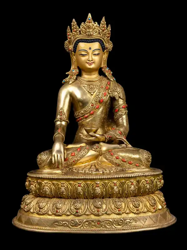 Statue en cuivre de Shakyamuni Bouddha avec un visage plaqué or – Embodement de l’Éveil