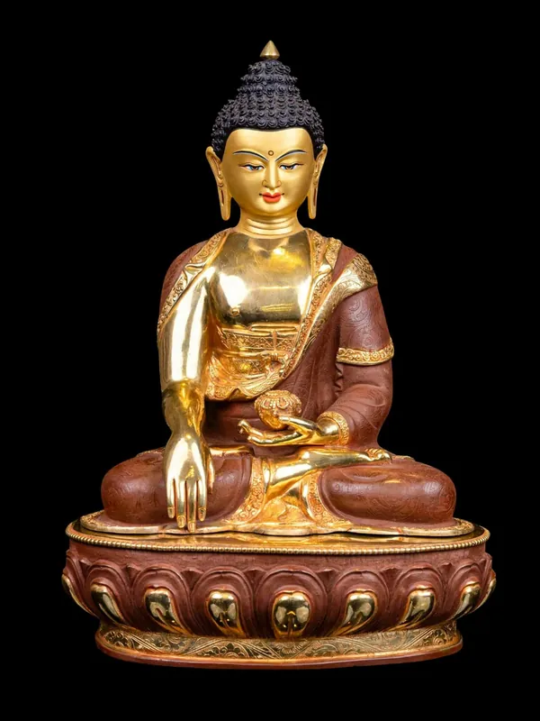 Statue de Shakyamuni Buddha – Cuivre partiellement doré avec visage peint