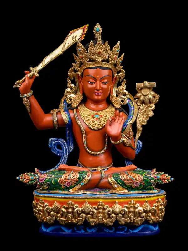 Statue de Manjushri en bronze doré de haute qualité – Bouddha de la sagesse avec l’épée de la clairvoyance