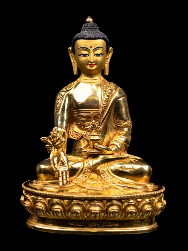 Statue en cuivre du Bouddha de la médecine avec un visage doré – Symbole de guérison et de tranquillité