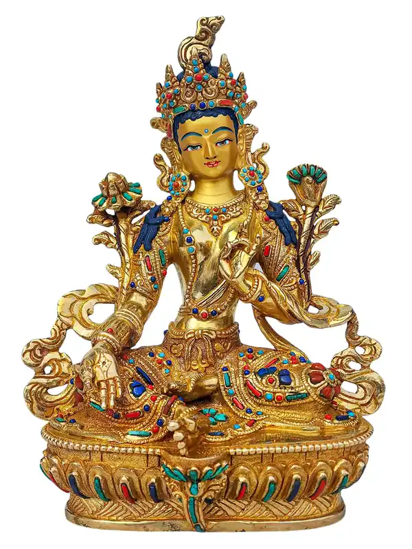 Statue de Tara verte – Fini en cuivre plaqué or