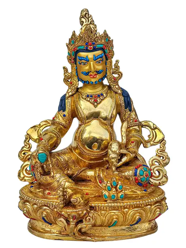 Statue en cuivre de Jambhala jaune avec un visage en or