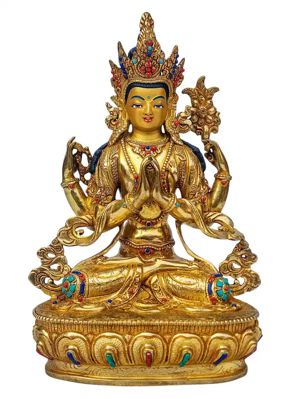 Statue en cuivre de Chenrezig – Visage plaqué or