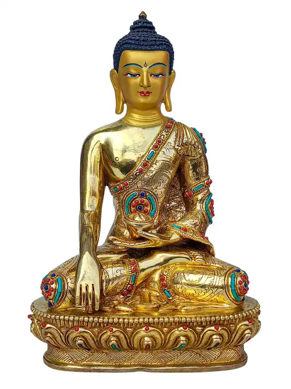 Statue en cuivre de Shakyamuni Bouddha avec un visage entièrement plaqué or – Éveil et Sagesse