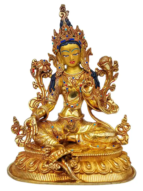Statue de Tara Verte – Cuivre avec visage plaqué or