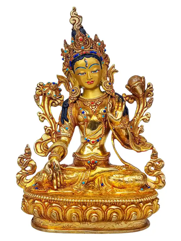 Statue en cuivre de Tara Blanche – Compassion sereine, longévité et guérison avec un visage plaqué or