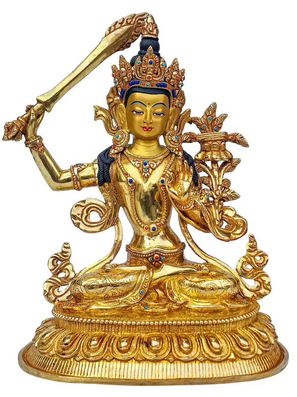 Statue en cuivre doré de Manjushri, la sagesse