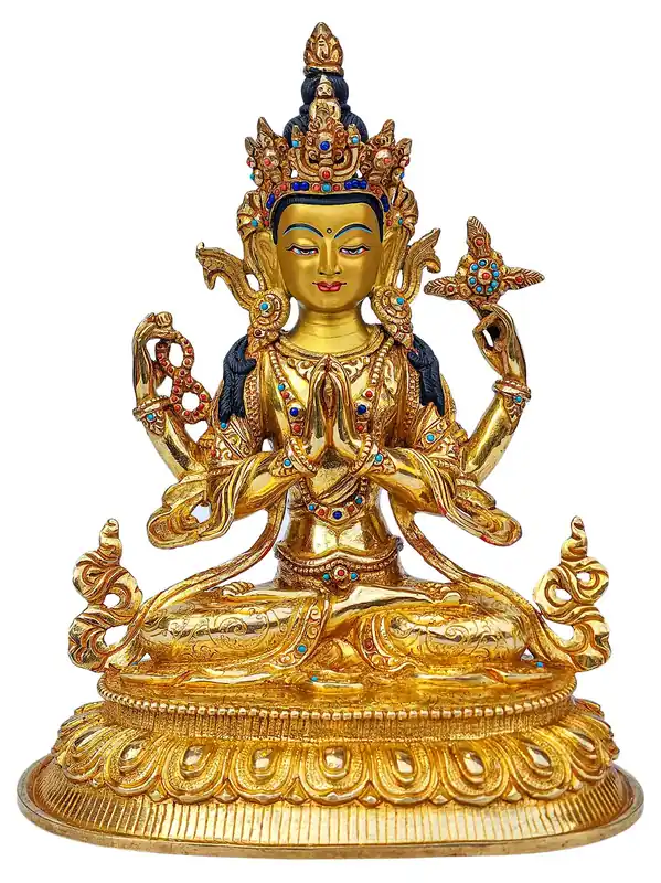 Statue de Chenrezig, Bodhisattva de la Compassion – Cuivre handcrafted avec visage plaqué or