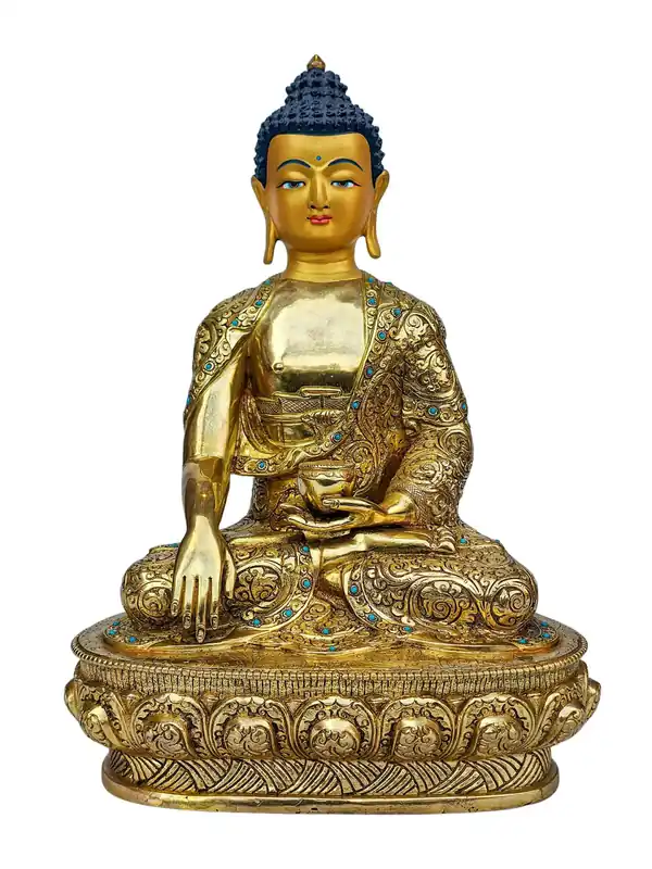 Statue en cuivre de Shakyamuni Bouddha – Finition entièrement dorée, ornée de pierres peintes