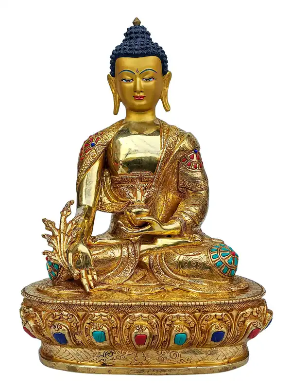 Statue de cuivre du Bouddha de la Médecine avec un visage doré – Embodiment de la guérison et de la compassion